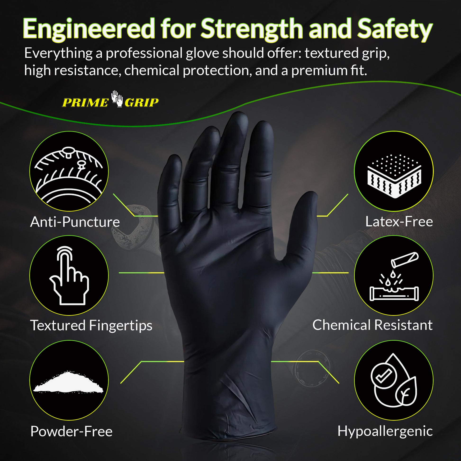10-Pack Medium Size - PrimeGrip Black Nitrile Gloves 6 Mil - Heavy Duty, Industrial Grade, Latex-Free, Powder-Free - Disposable for Mechanics, Tattoo